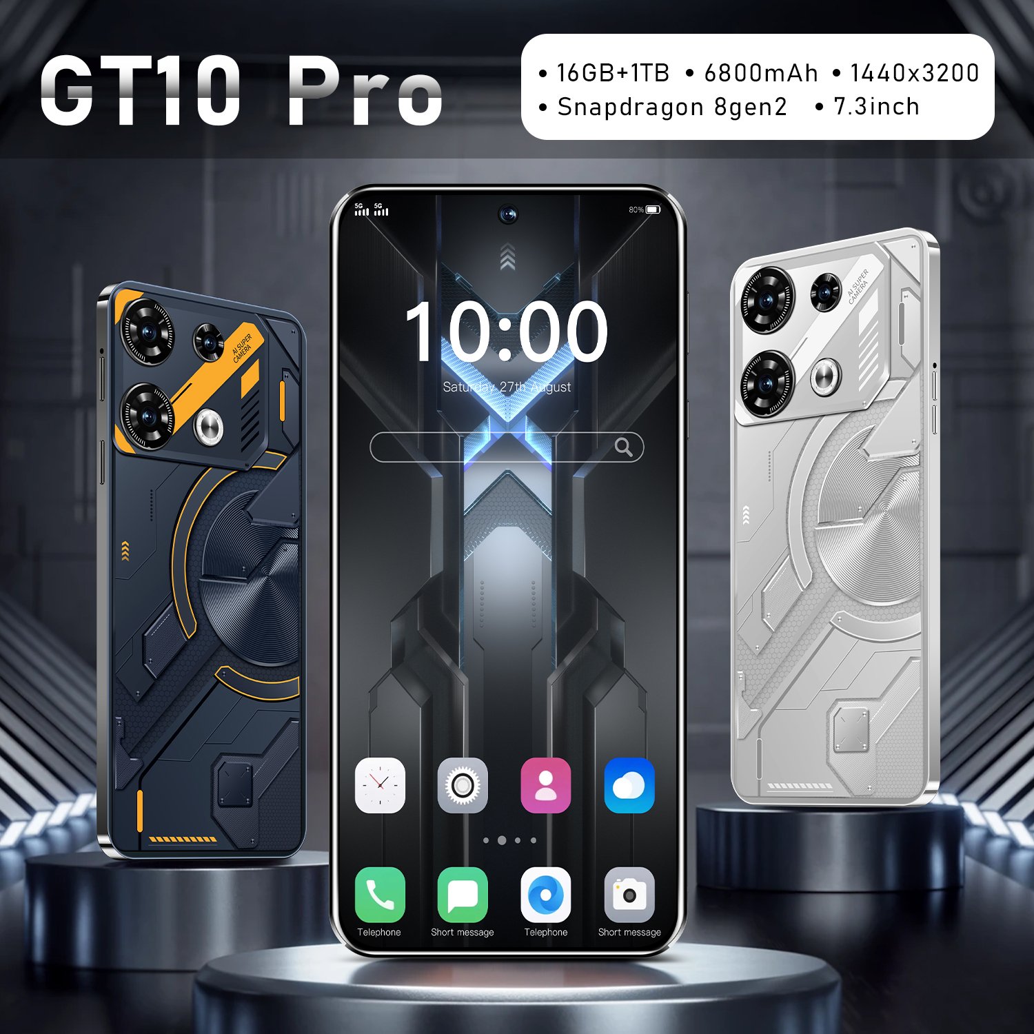 Brand new Cellphone GT10 pro 7.3 inch Hd full screen 16GB+1TB Mobilephone Android14 Face Unlock 3G 4G smartphone